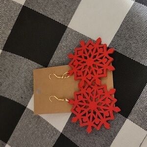 Handmade 3.25" x 2.25" red wooden cut out snowflake dangle earrings New